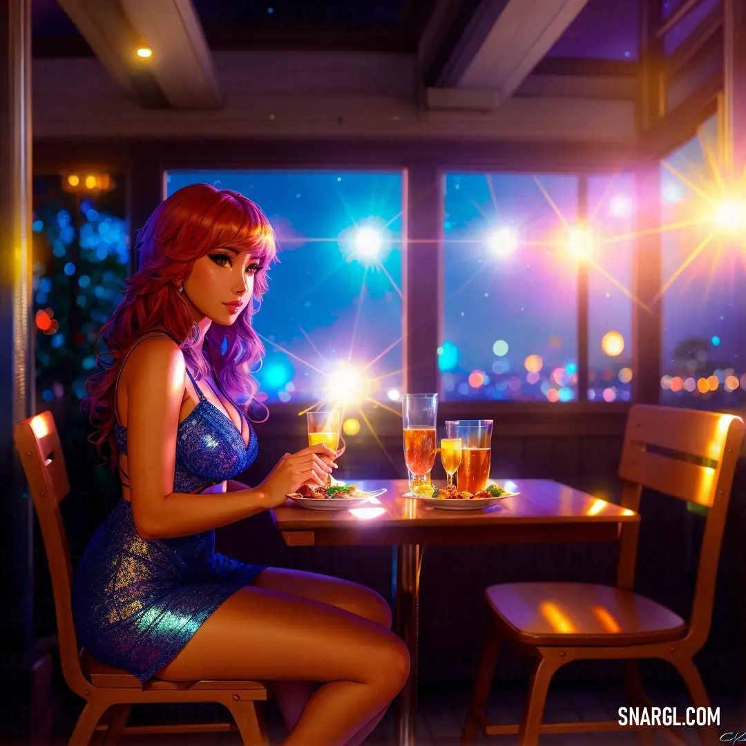 Woman at a table with a glass of wine in her hand and a candle in her hand. Example of Dodger blue color.