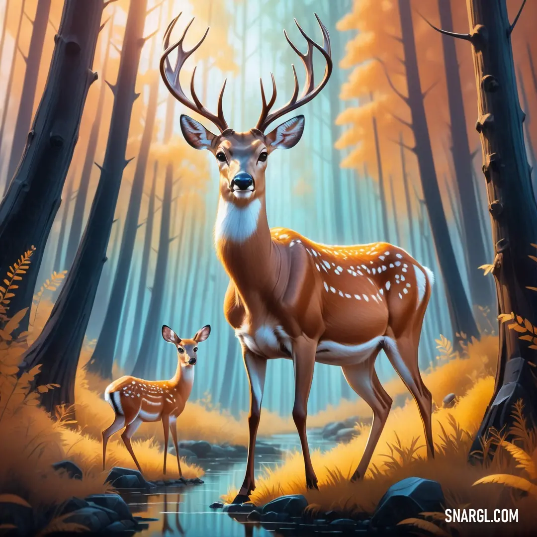 Deer and its baby are standing in the woods by a stream of water and trees