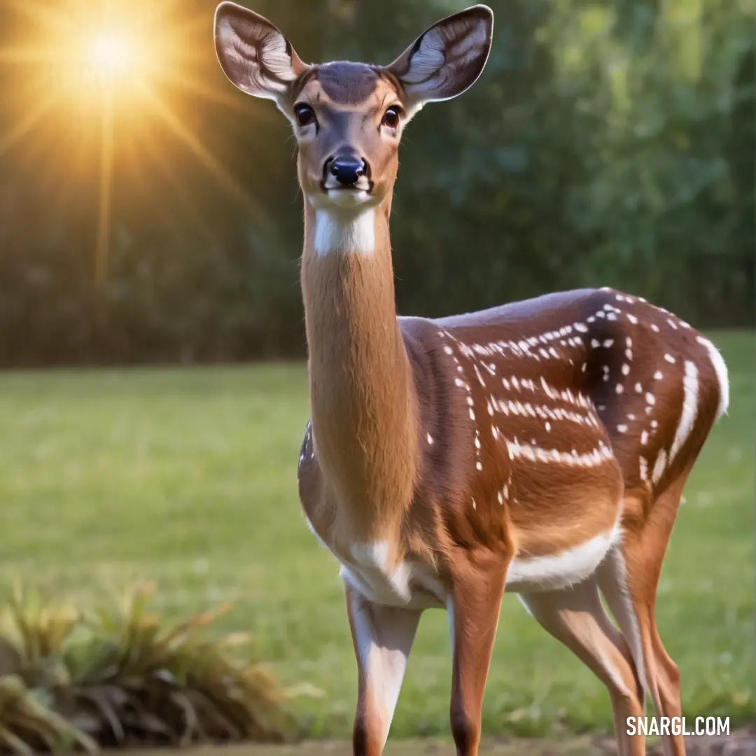 Deer standing in a field with the sun shining behind it and trees in the background