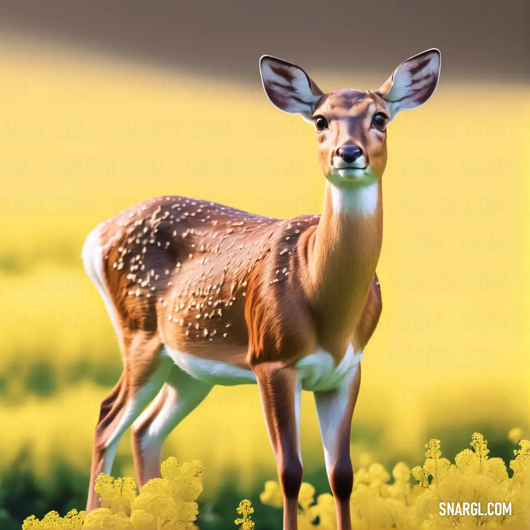 Deer standing in a field of yellow flowers with a blurry background