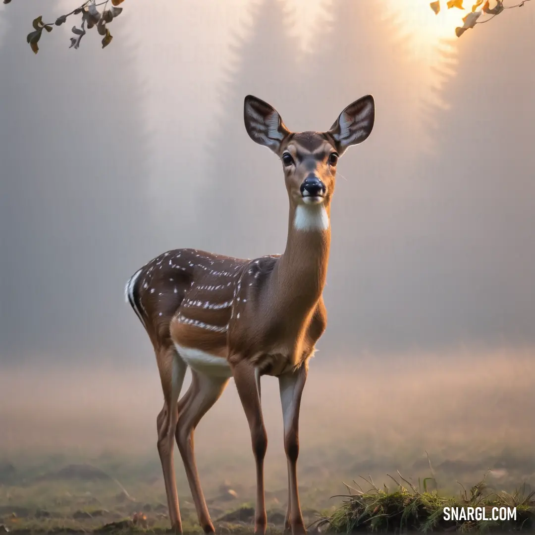 Deer standing in a field with fog in the background