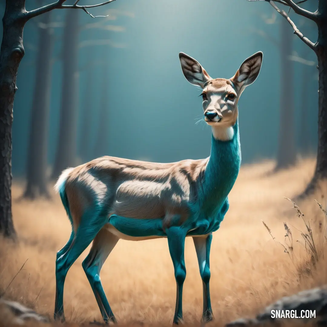 Deer standing in a forest with a light shining on it's head and ears, with a blue background