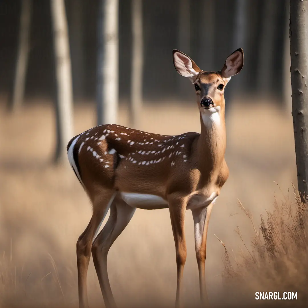 Deer standing in a forest next to a tree with no leaves on it's branches and a brown grass field