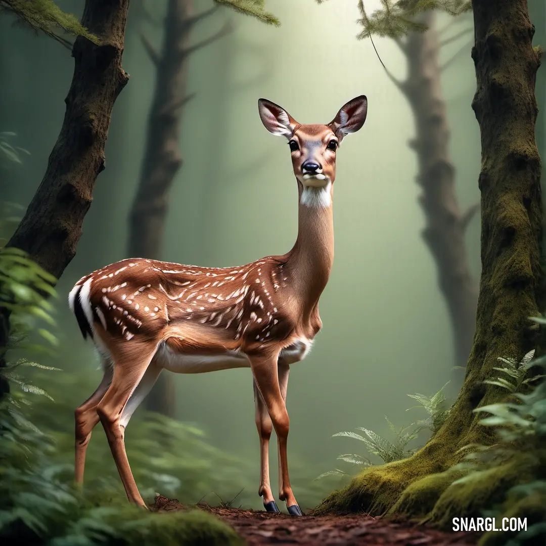 Deer standing in a forest with trees and grass around it's sides and a light shining on the ground