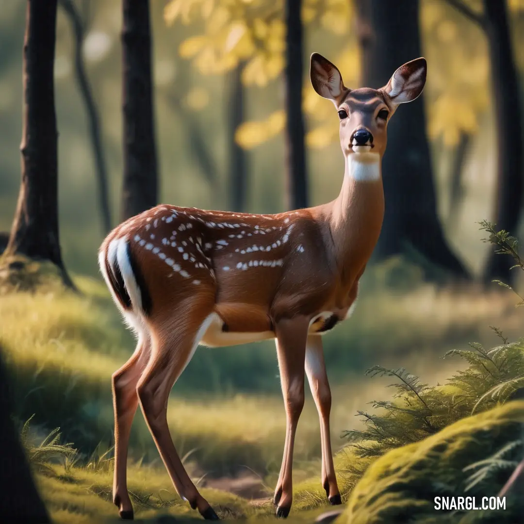 Deer standing in a forest with tall grass and trees in the background