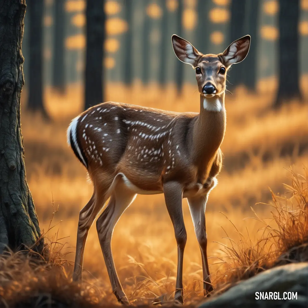 Deer standing in a forest next to a tree with a light shining on it's head and a blurry background