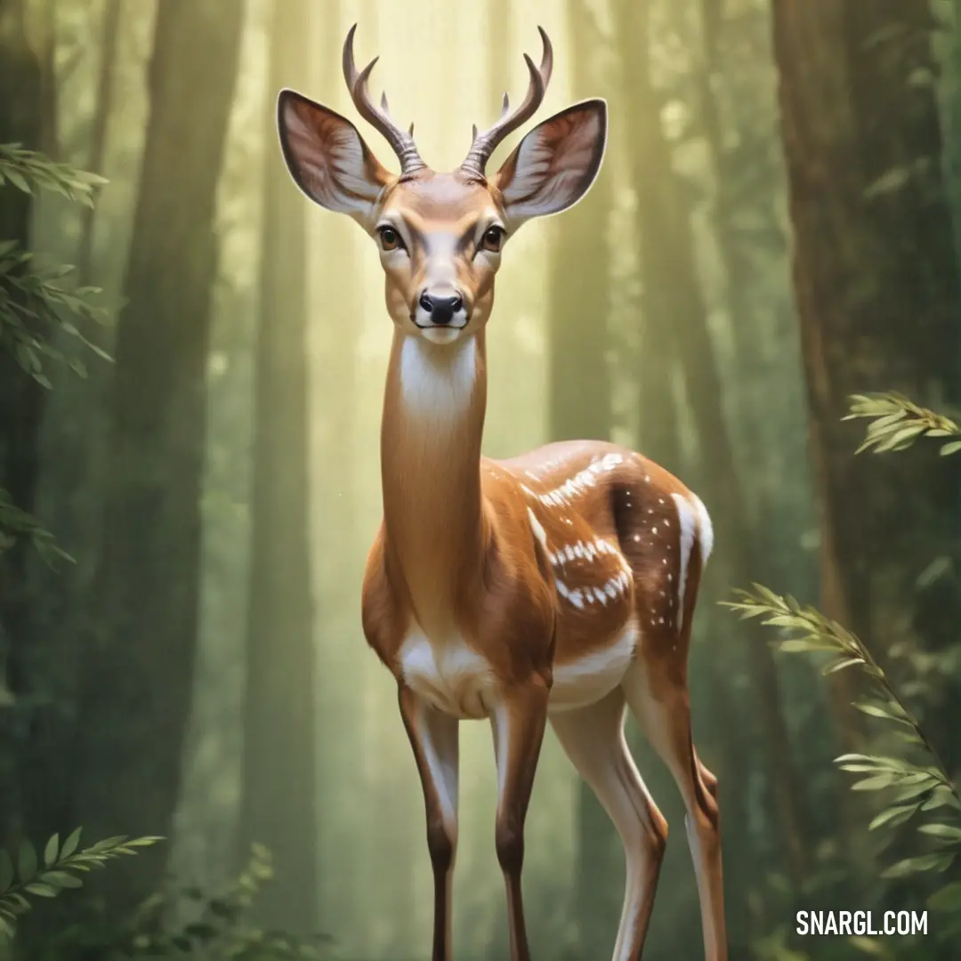 Deer standing in the middle of a forest with tall trees in the background