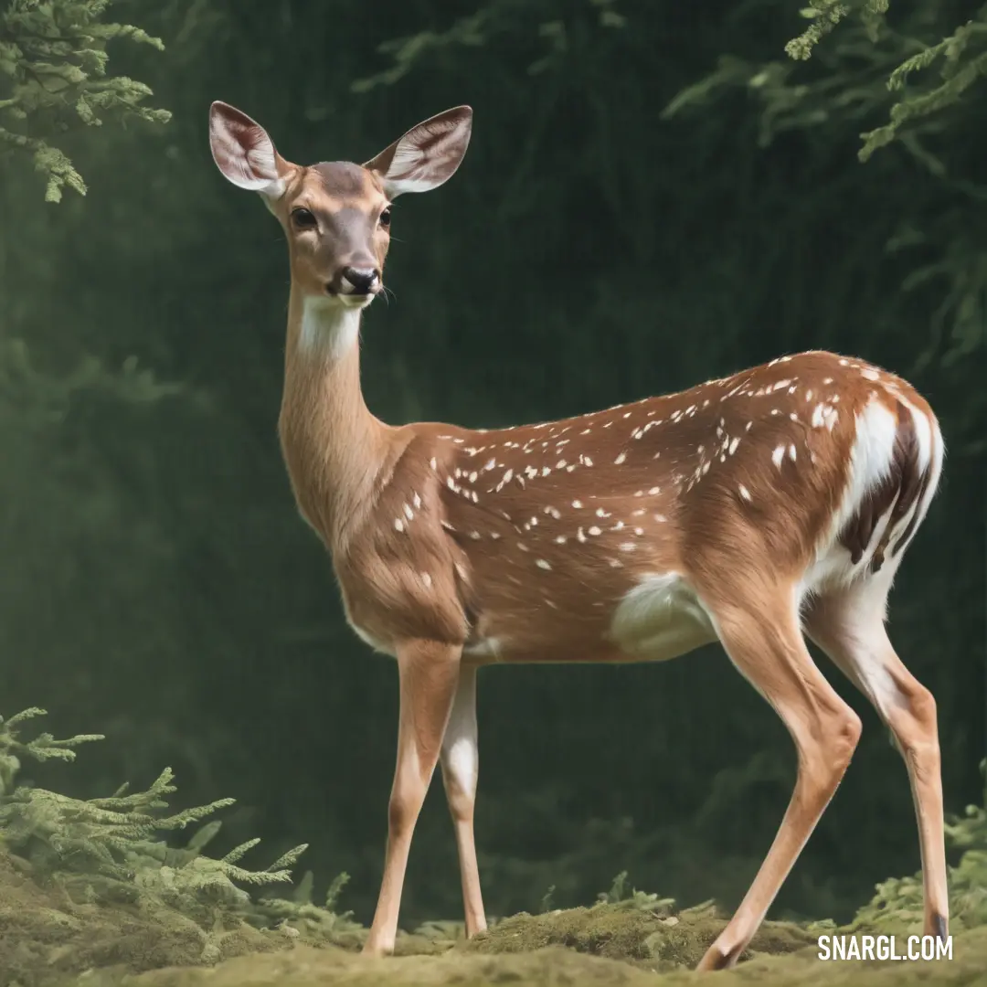 Deer standing in the middle of a forest with trees in the background