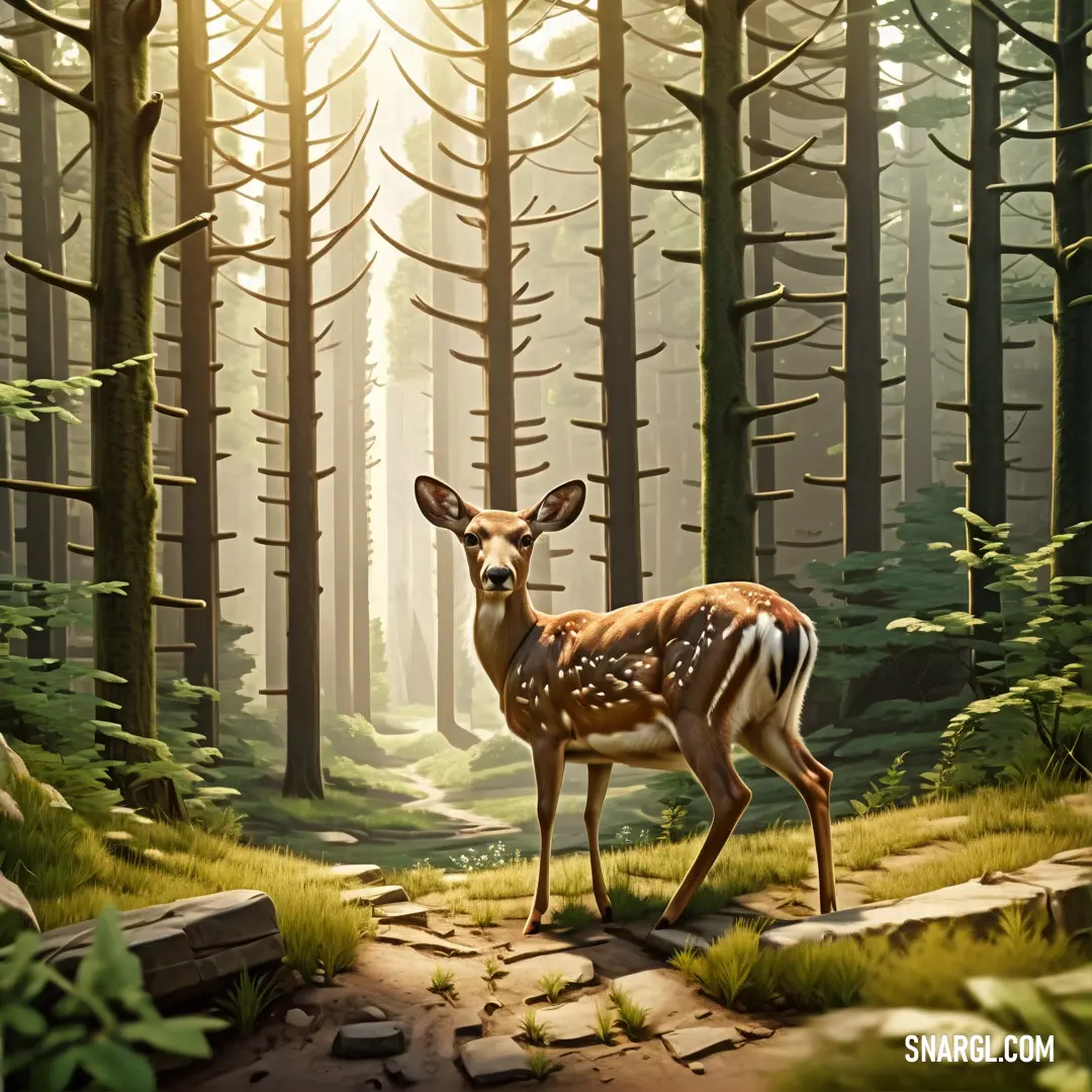 Deer standing in the middle of a forest with a sun shining through the trees behind it and a path leading to the forest