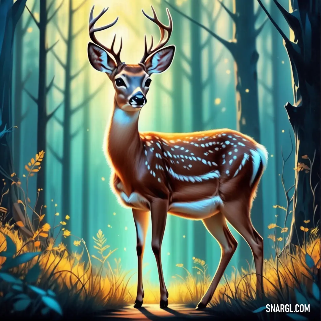 Deer standing in the middle of a forest with a bright light shining on it's head and antlers