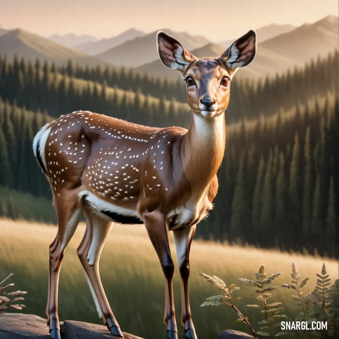 Deer standing on a rock in a forest with mountains in the background