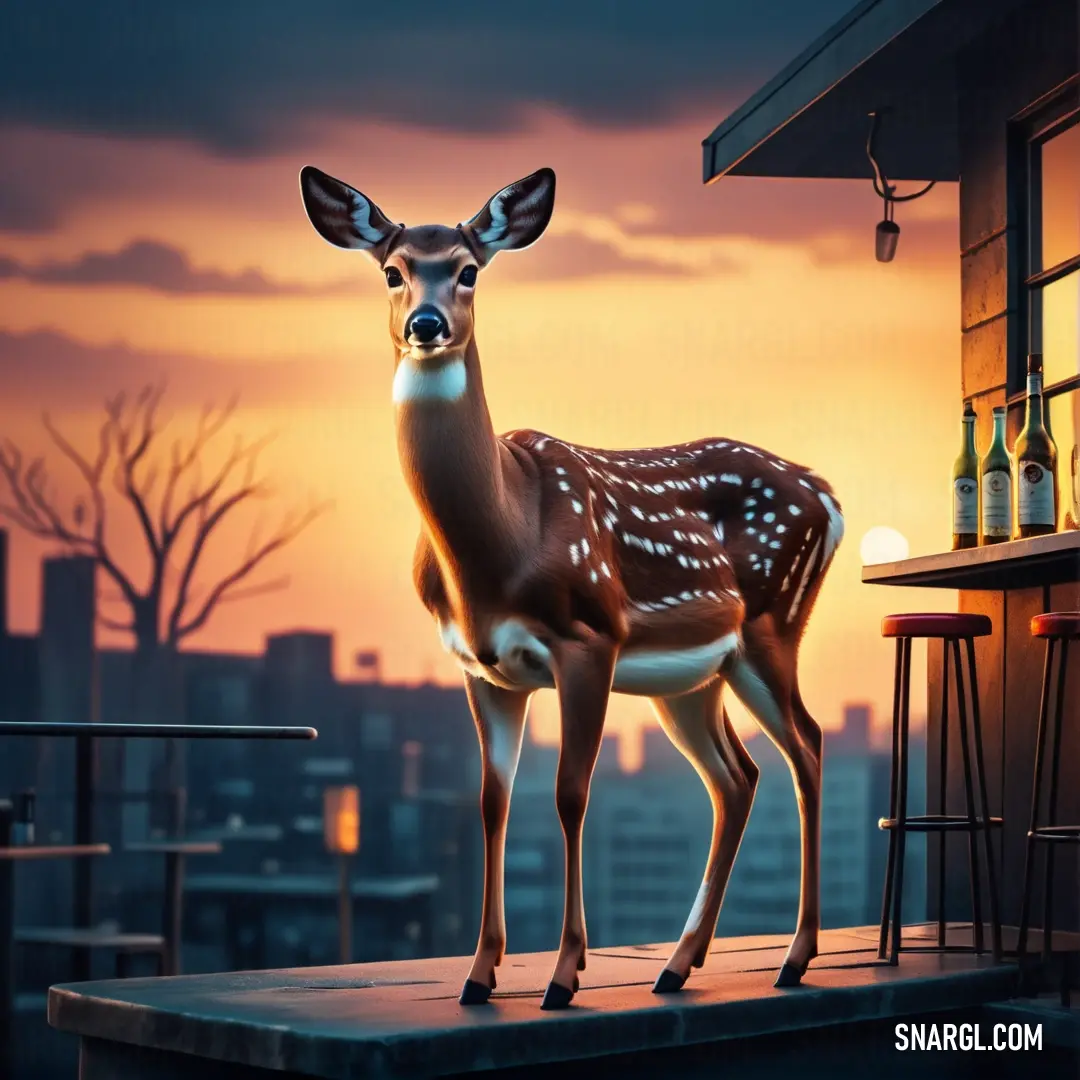 Deer statue standing on a ledge in front of a cityscape at sunset