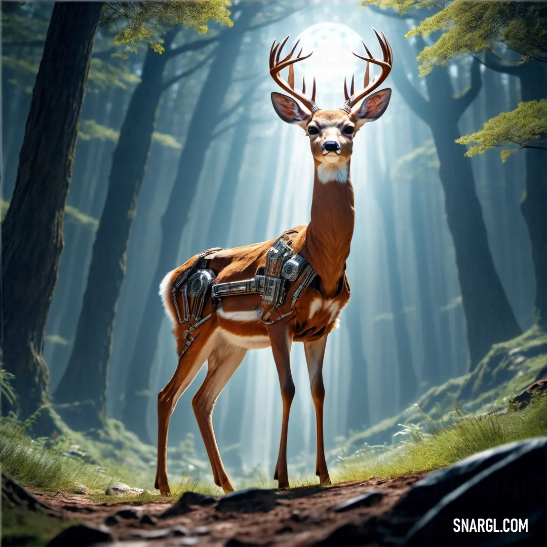 Deer with a harness on standing in a forest with a full moon in the background