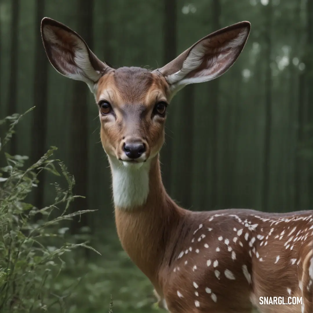 Deer with a white spot on its face standing in a forest with tall grass and trees in the background