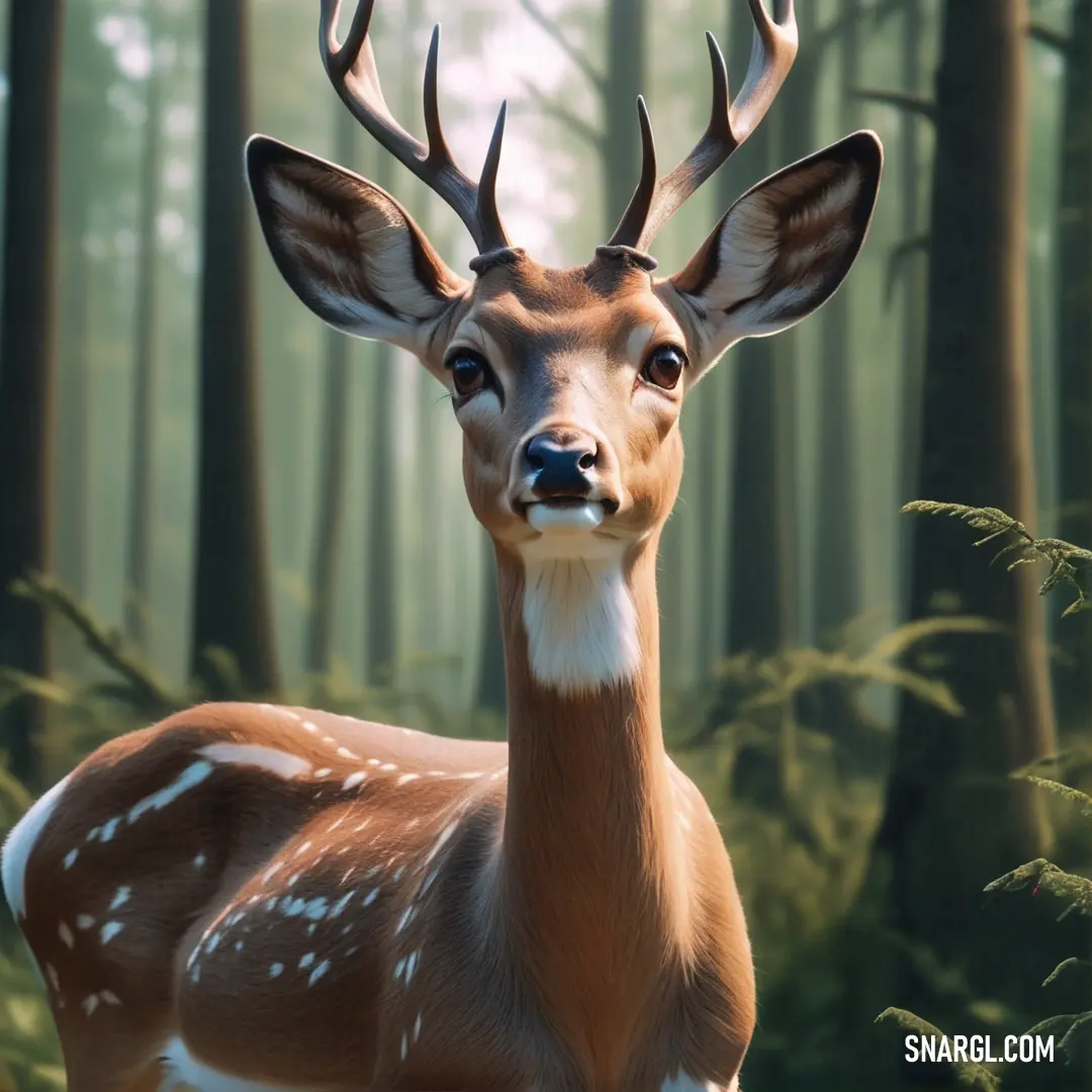 Deer with antlers standing in a forest with tall grass and trees in the background