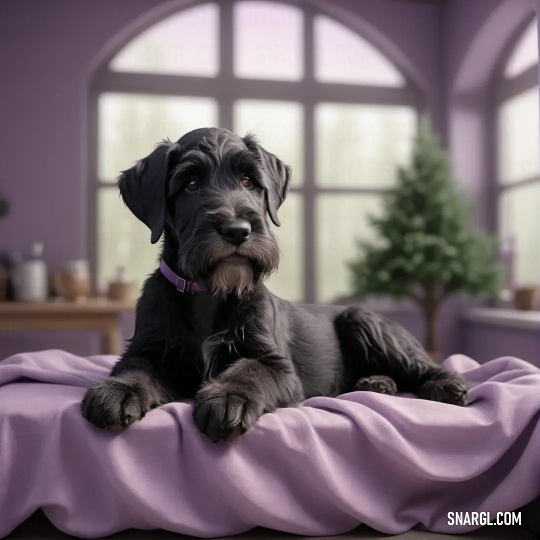 Black dog laying on a purple blanket in a room with a large window and a christmas tree in the corner