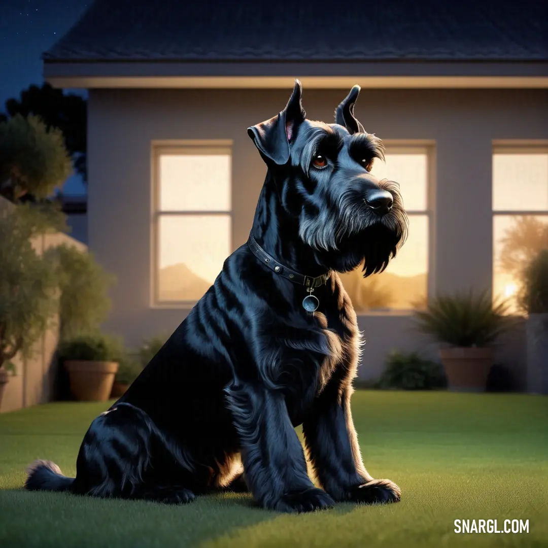 Black dog on top of a lush green field next to a house at night with a lit window