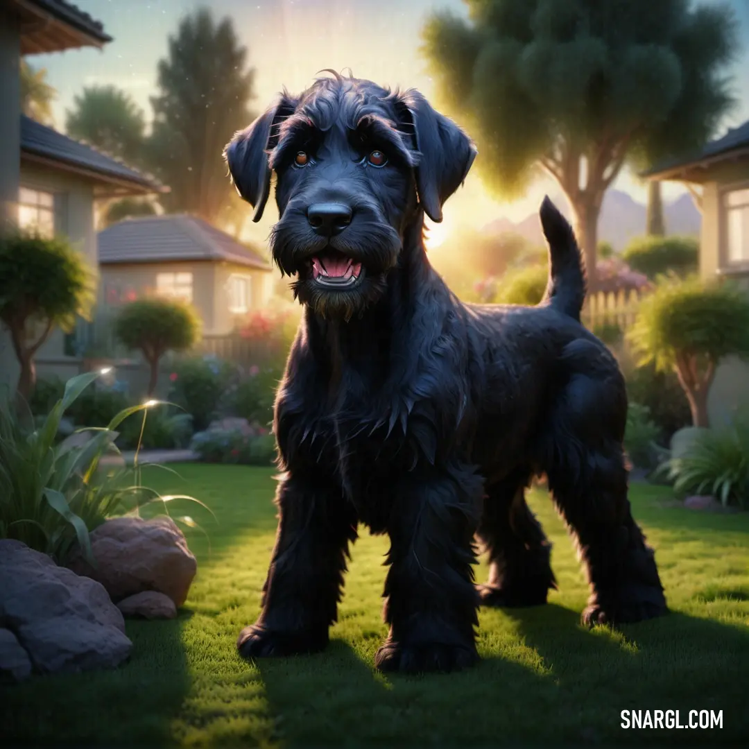 Black dog standing in the grass in front of a house with a sunset in the background