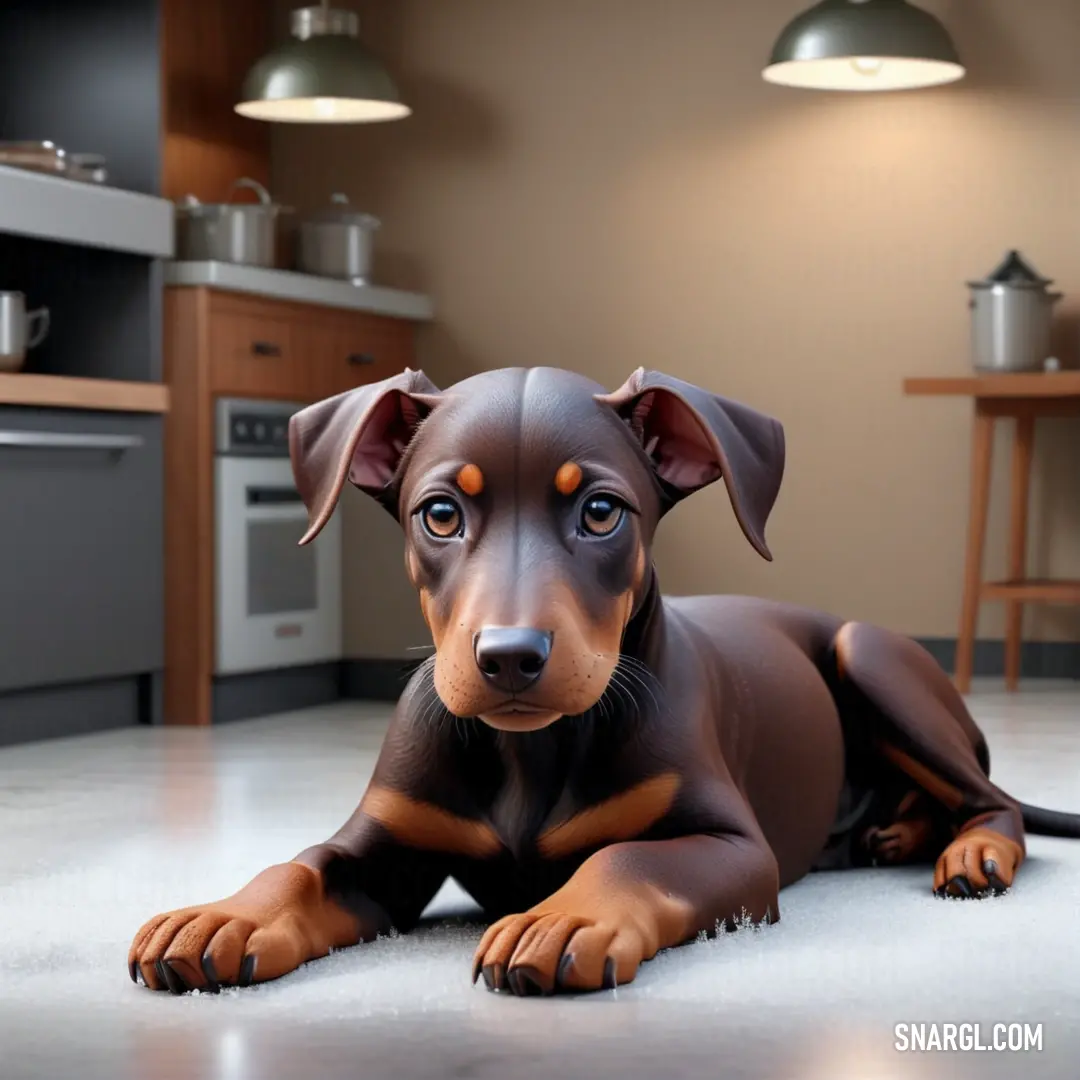 Brown and black dog laying on a kitchen floor next to a stove top oven and a sink with a light on