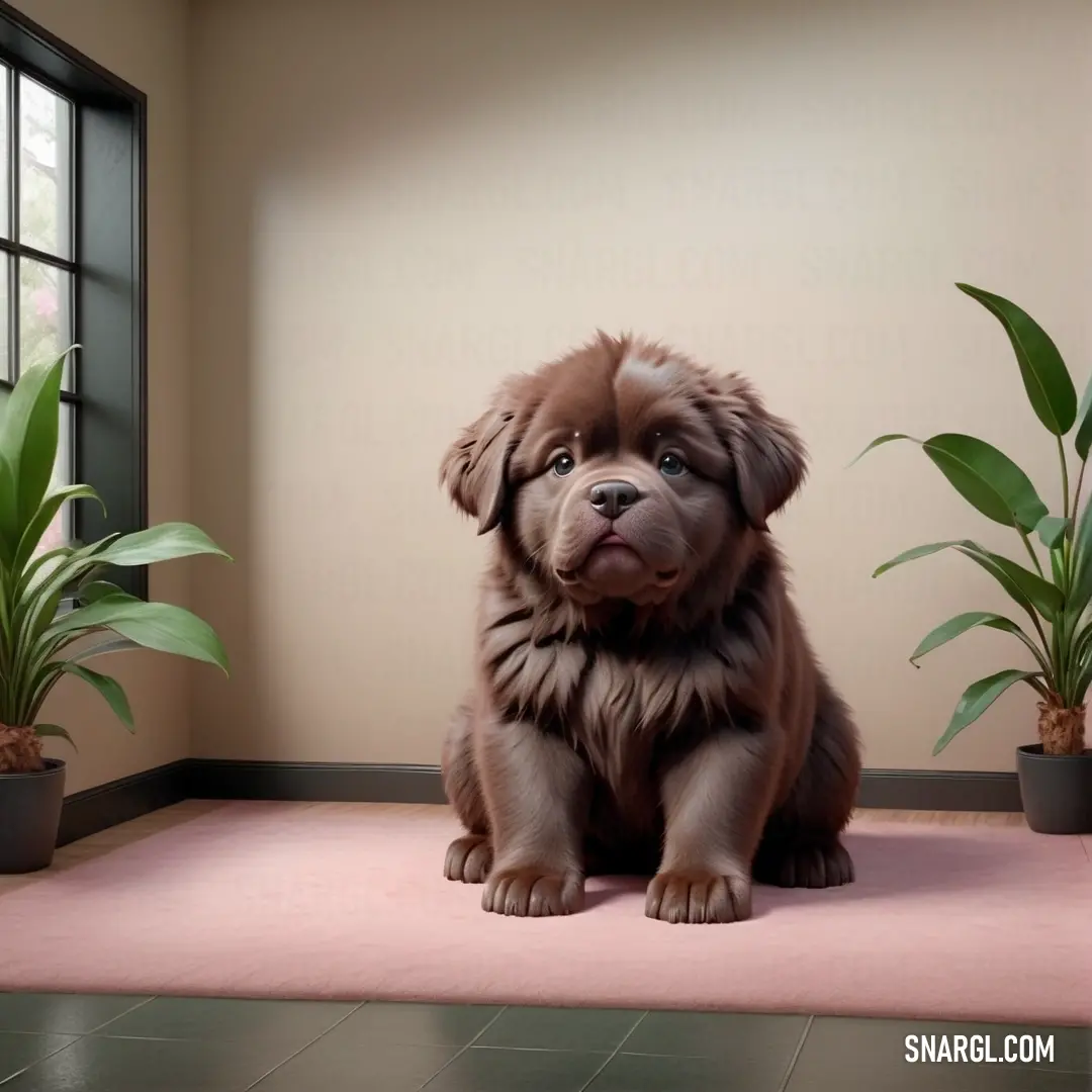 Brown dog on a pink rug next to a window and potted plants in a room