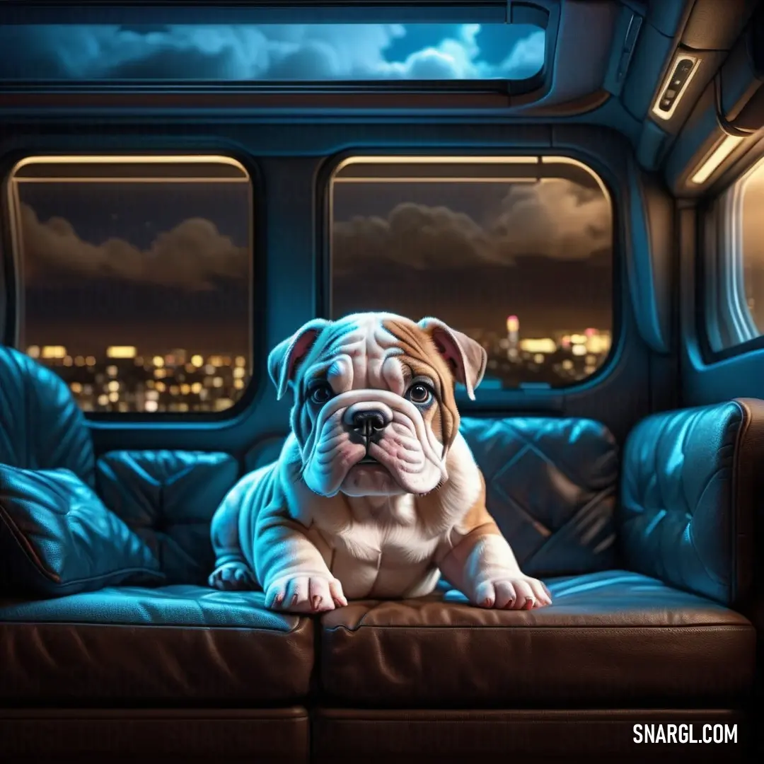 Bulldog on a couch in a train car with a city view out the window at night time