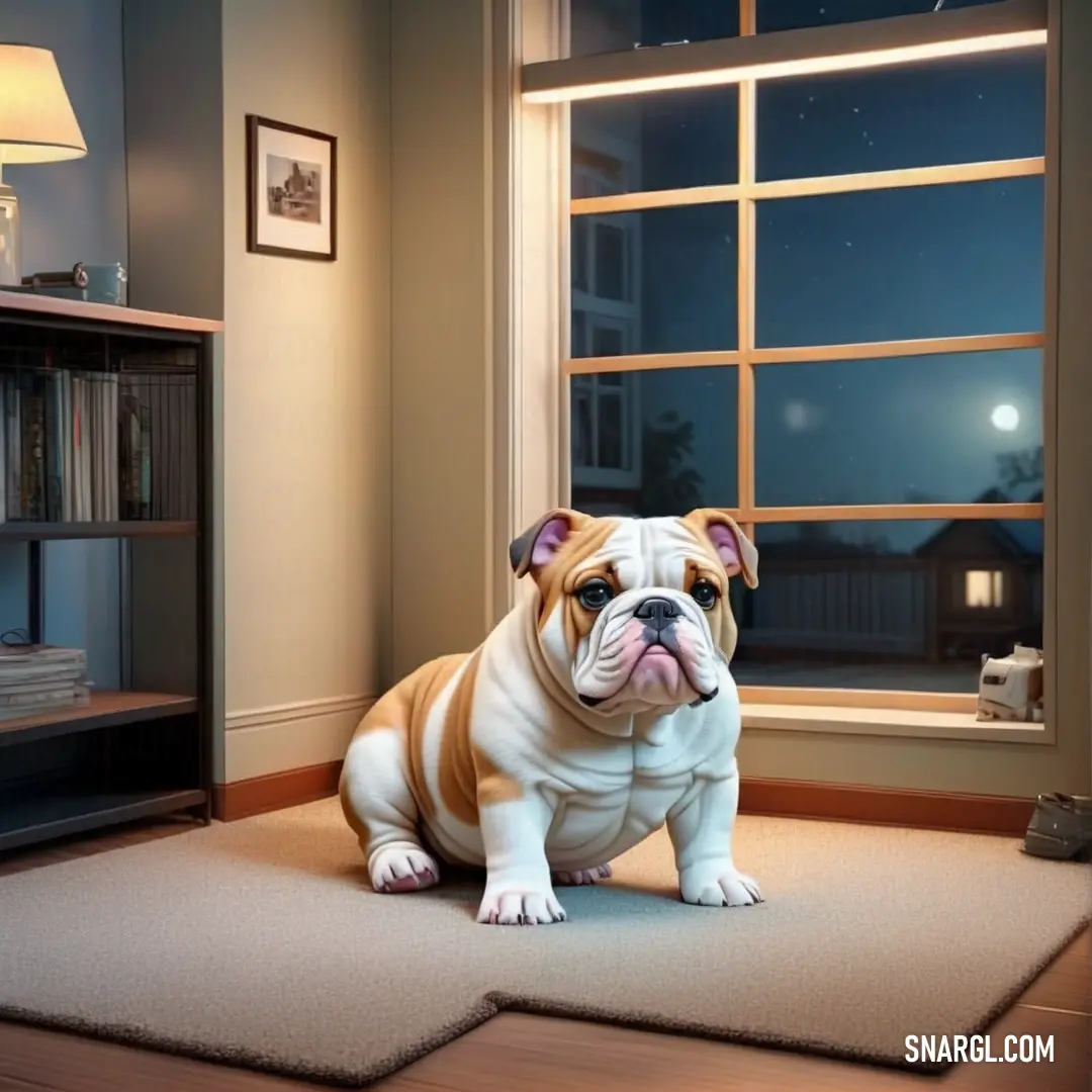 Bulldog on a rug in front of a window with a night sky outside of it and a lamp on the floor