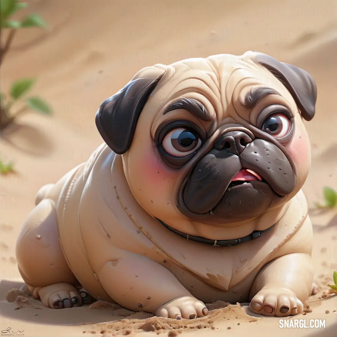 Cartoon pug dog laying on the ground in the sand with a sad look on its face and eyes