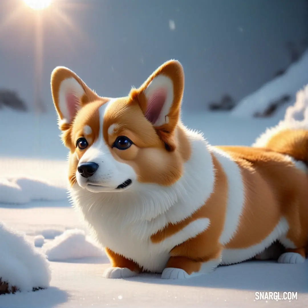 Corgi dog in the snow with the sun shining behind it and snow falling on the ground
