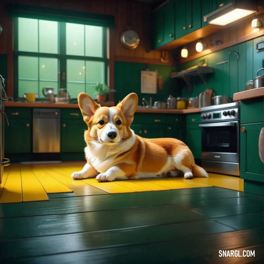 Corgi dog on a kitchen floor in front of a stove top oven and a sink