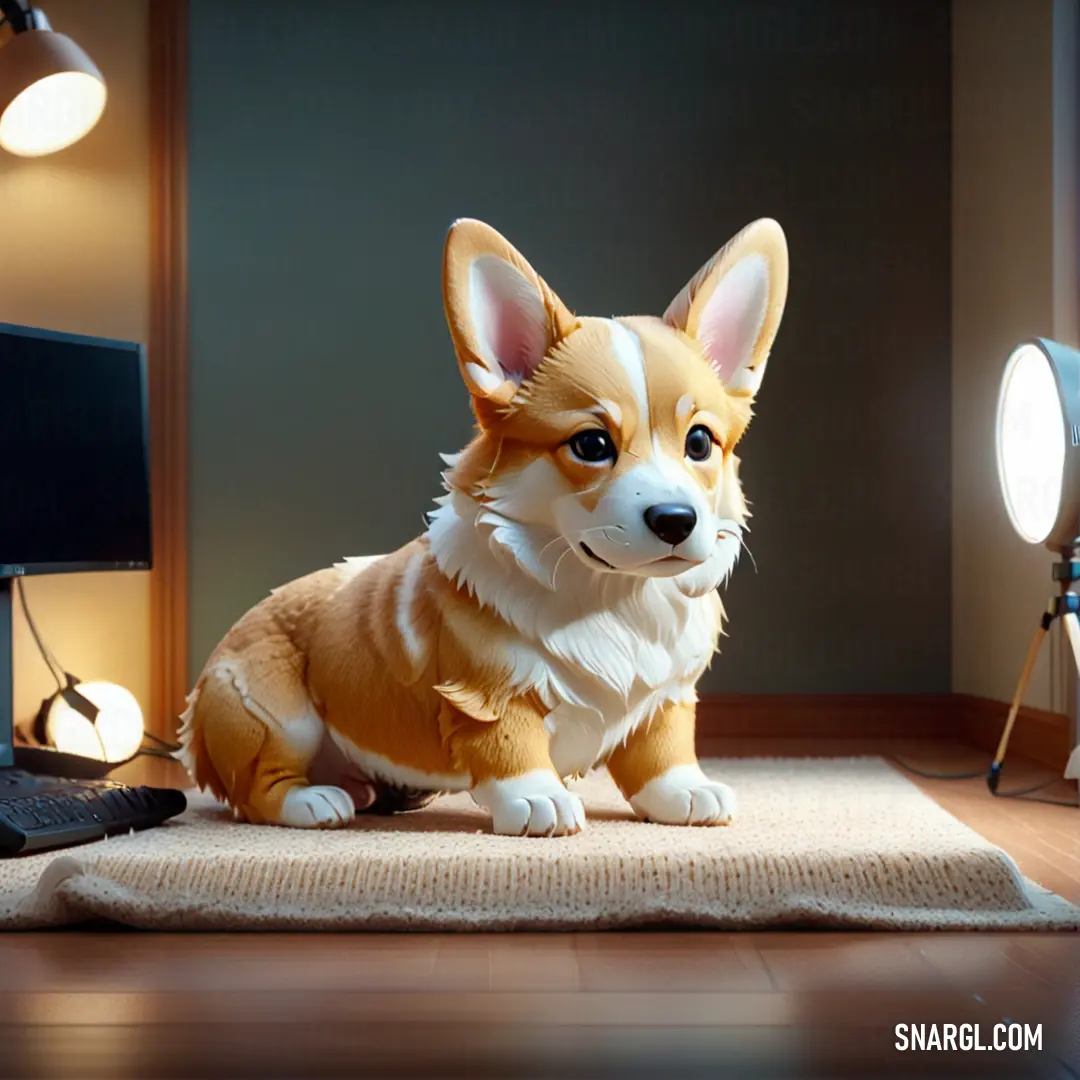 Corgi dog on a rug in a room with a computer and lamp on the floor