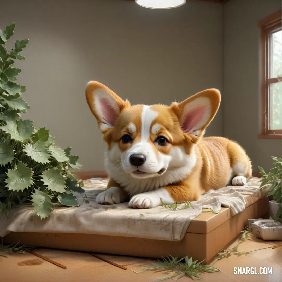 Corgi puppy is laying on a pillow next to a plant and a window sill in a room
