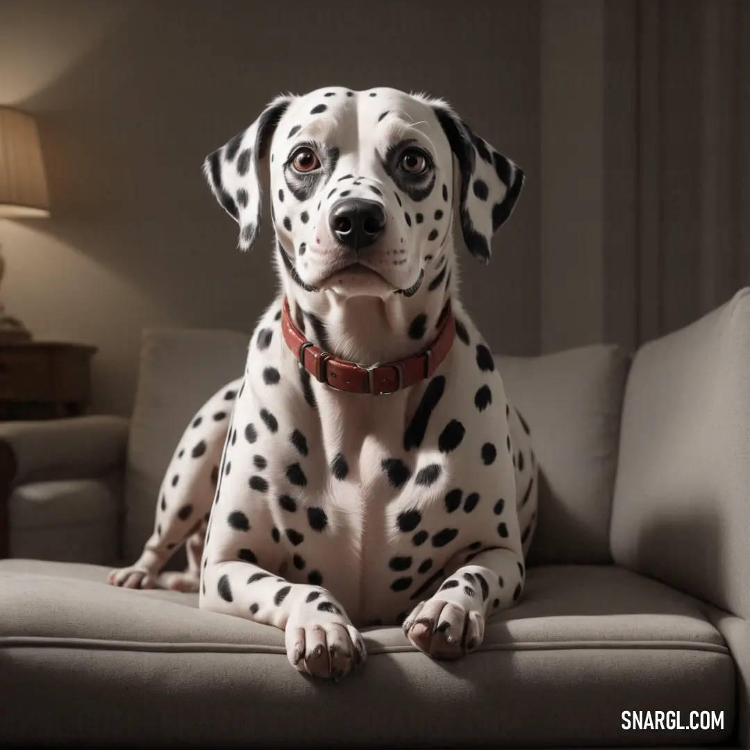 Dalmatian dog on a couch with a lamp on the side of it's head