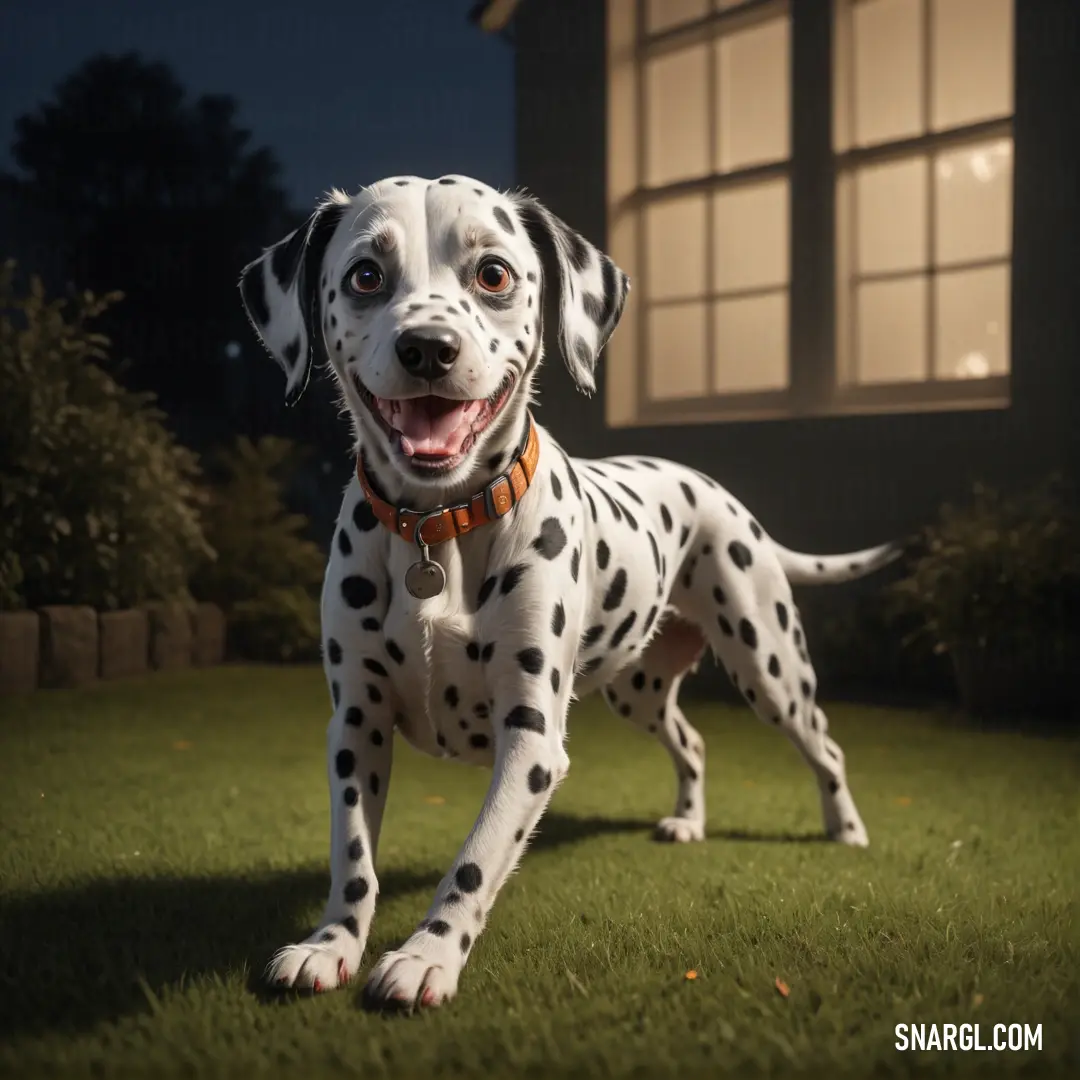 Dalmatian dog standing in the grass outside a house at night with its mouth open