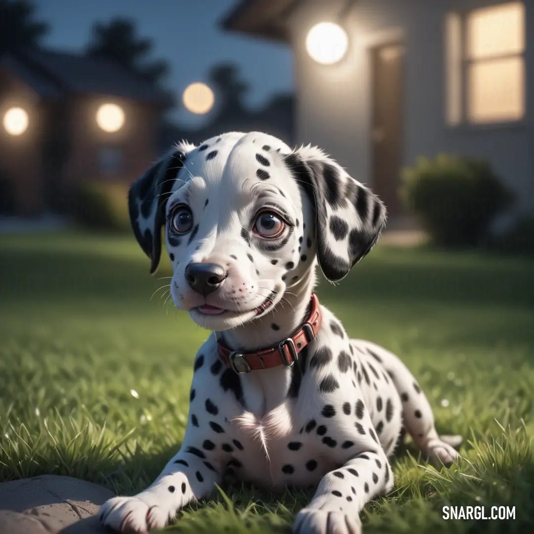 Dalmatian puppy in the grass at night with a house in the background and lights on