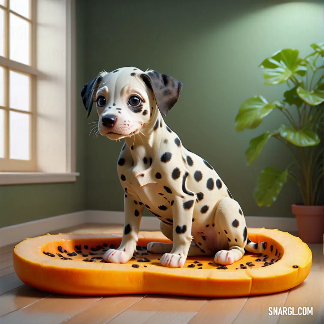 Dalmatian puppy on a toy trampoline in a room with a potted plant