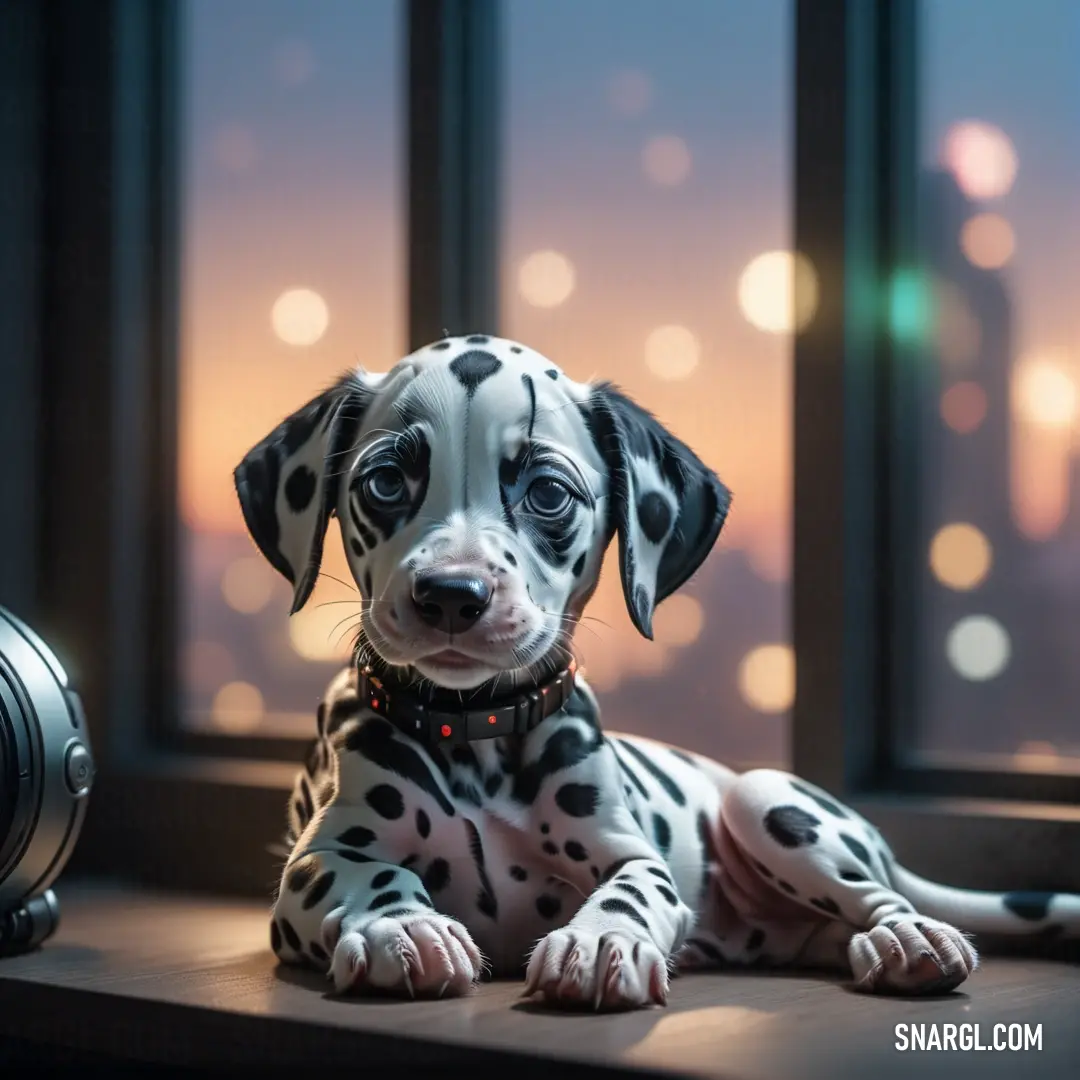 Dalmatian puppy on a window sill with a clock in the background