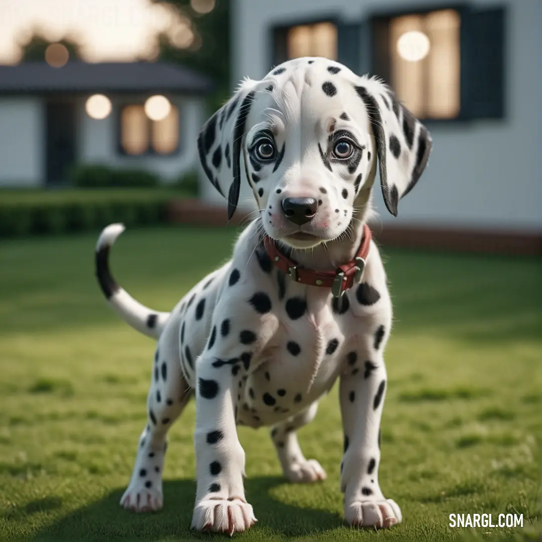 Dalmatian puppy standing on a lush green field of grass next to a house with a red collar