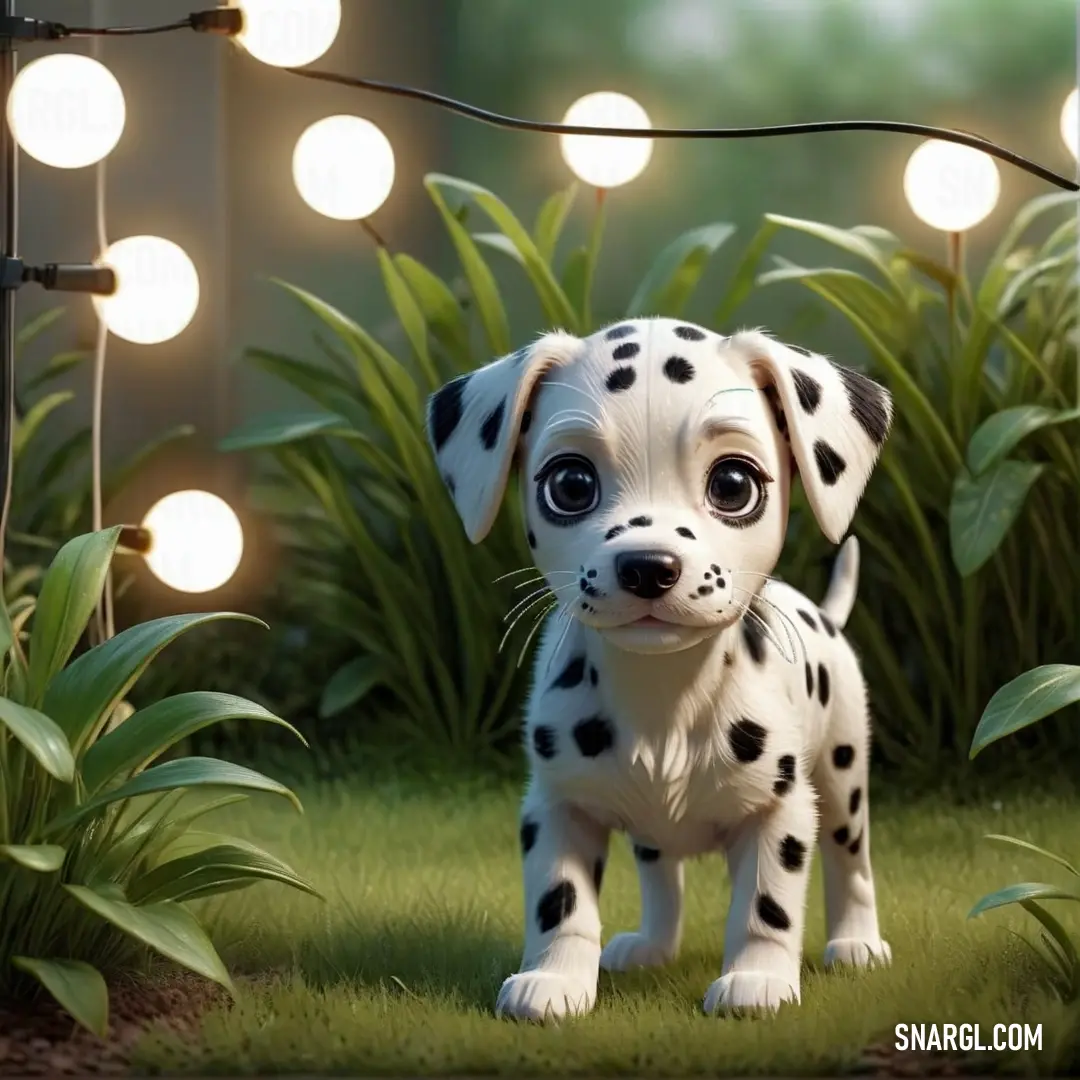 Dalmatian puppy standing in the grass with a string of lights behind it and a green lawn