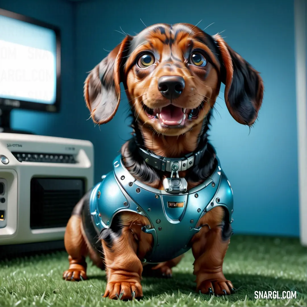 Dog dressed up in a costume standing in front of a computer monitor and a monitor screen