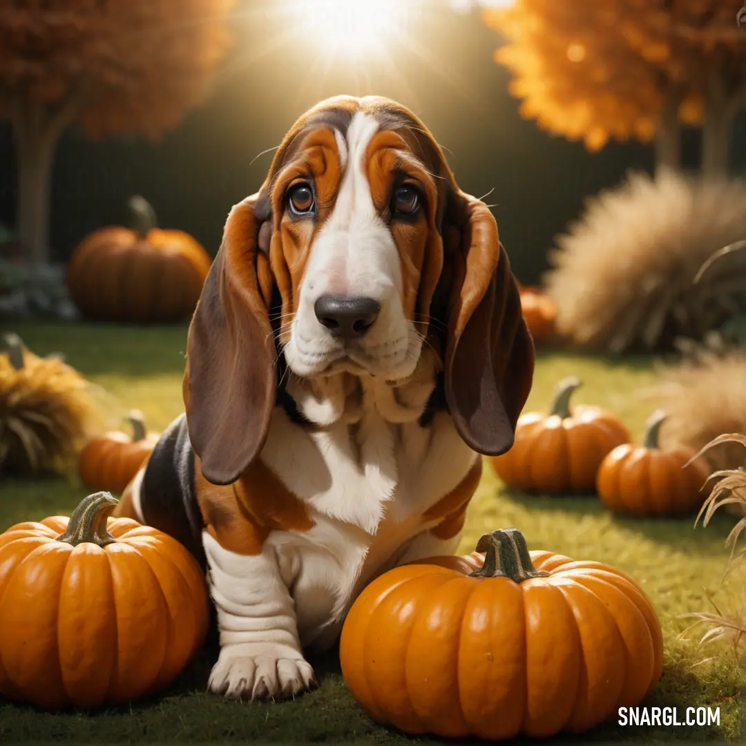 Dog in a field of pumpkins with a light shining on it's face and ears