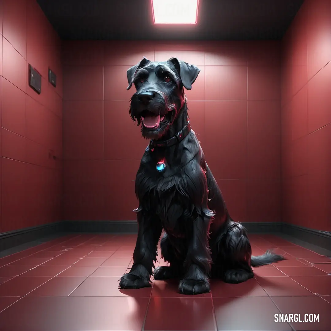 Dog in a room with a red wall and a light on it's head