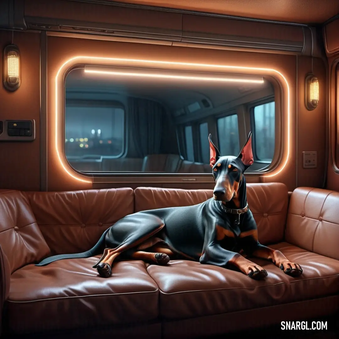 Dog is laying on a couch in a train car with a window in the background and a light on