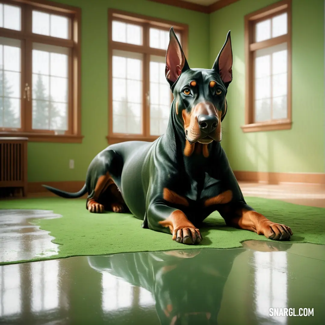 Dog is laying on a green carpet in a room with windows