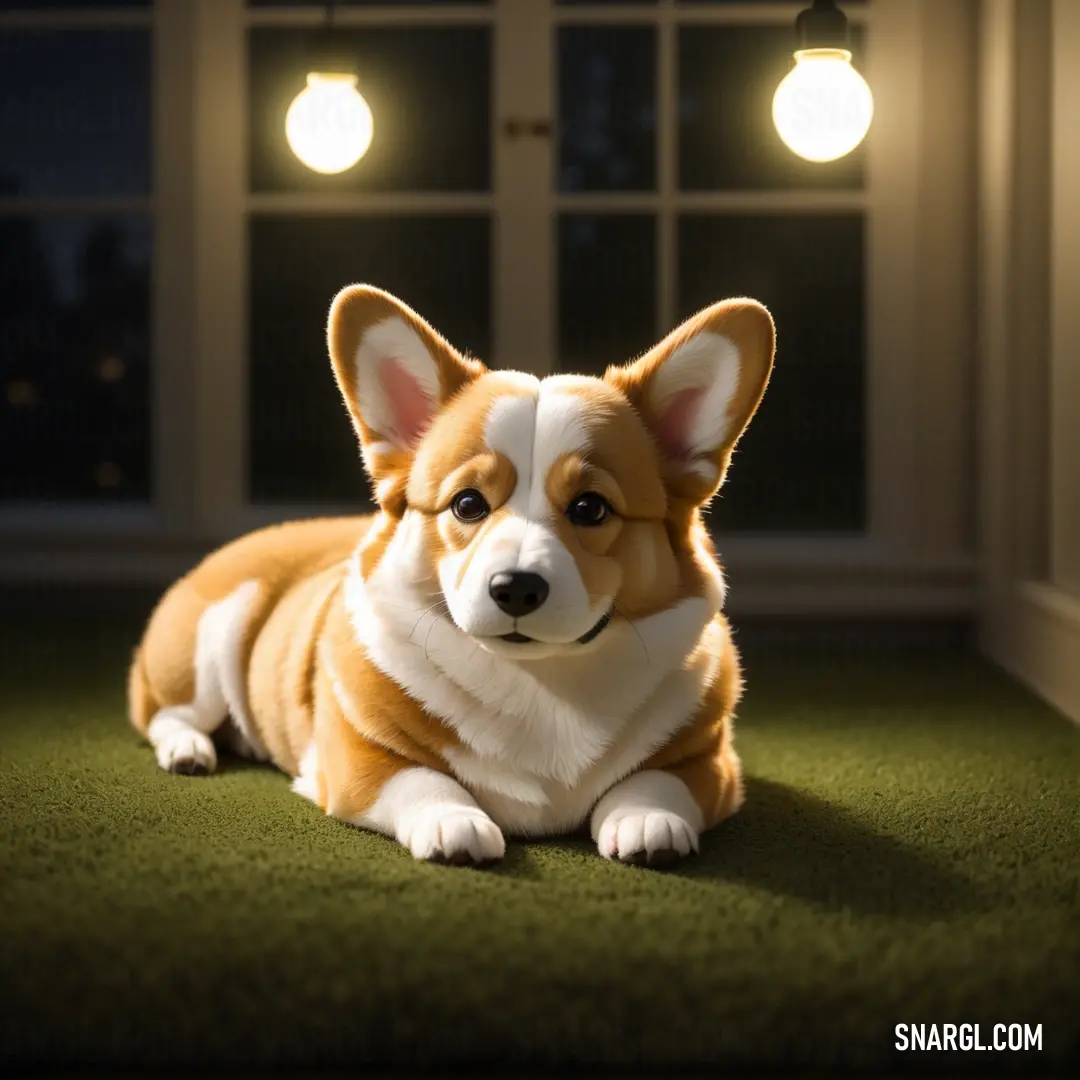 Dog is laying on the floor in front of a window with lights on it and a green carpet
