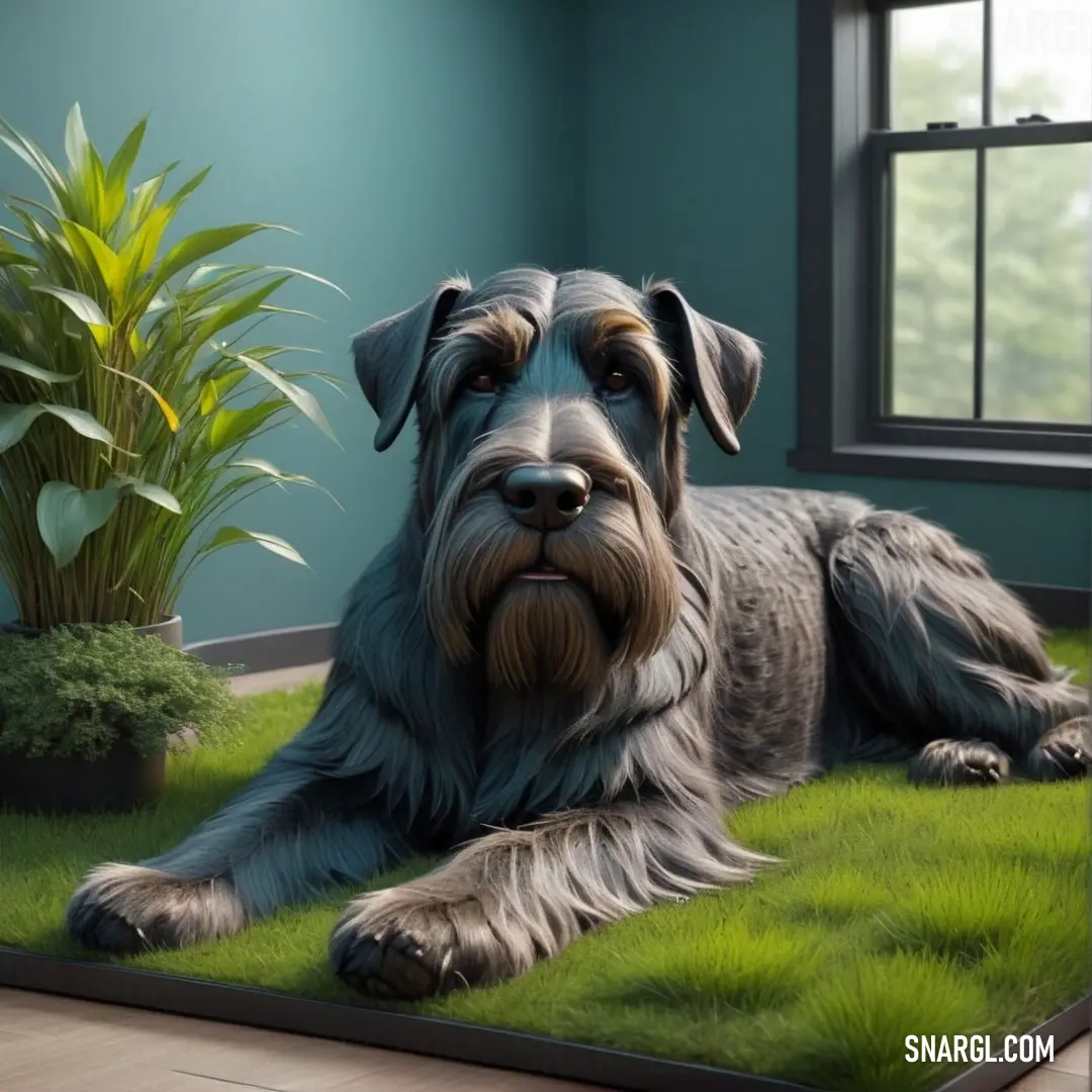 Dog is laying on the grass in a room with a potted plant and a window in the background