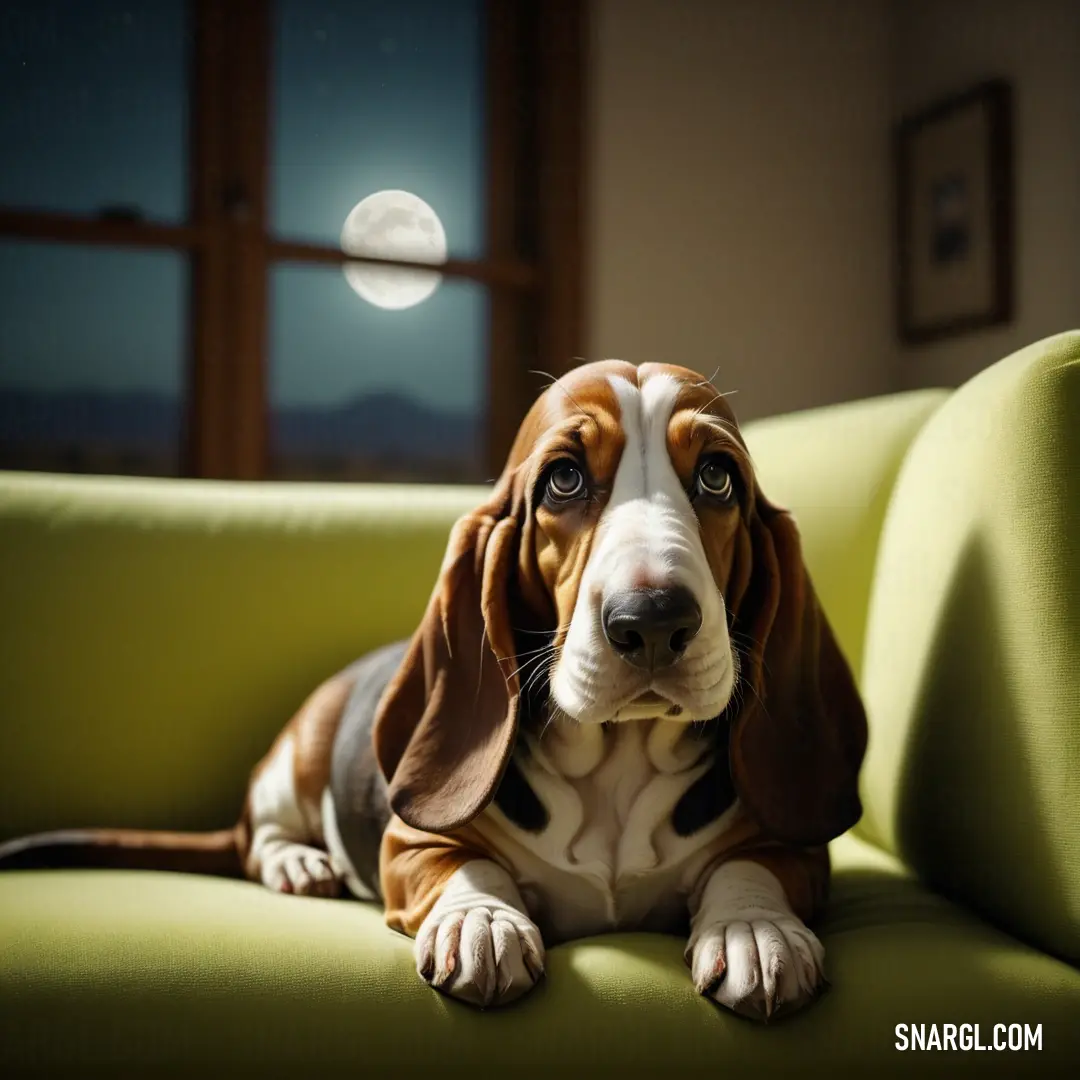 Dog is on a green couch with a full moon in the background