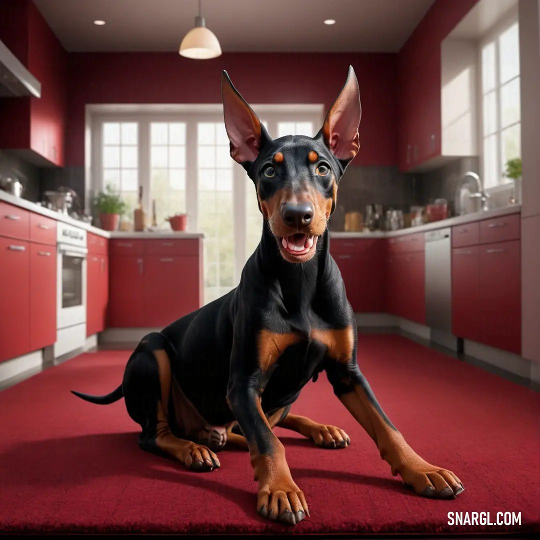 Dog is on a red carpet in a kitchen with a red rug on the floor