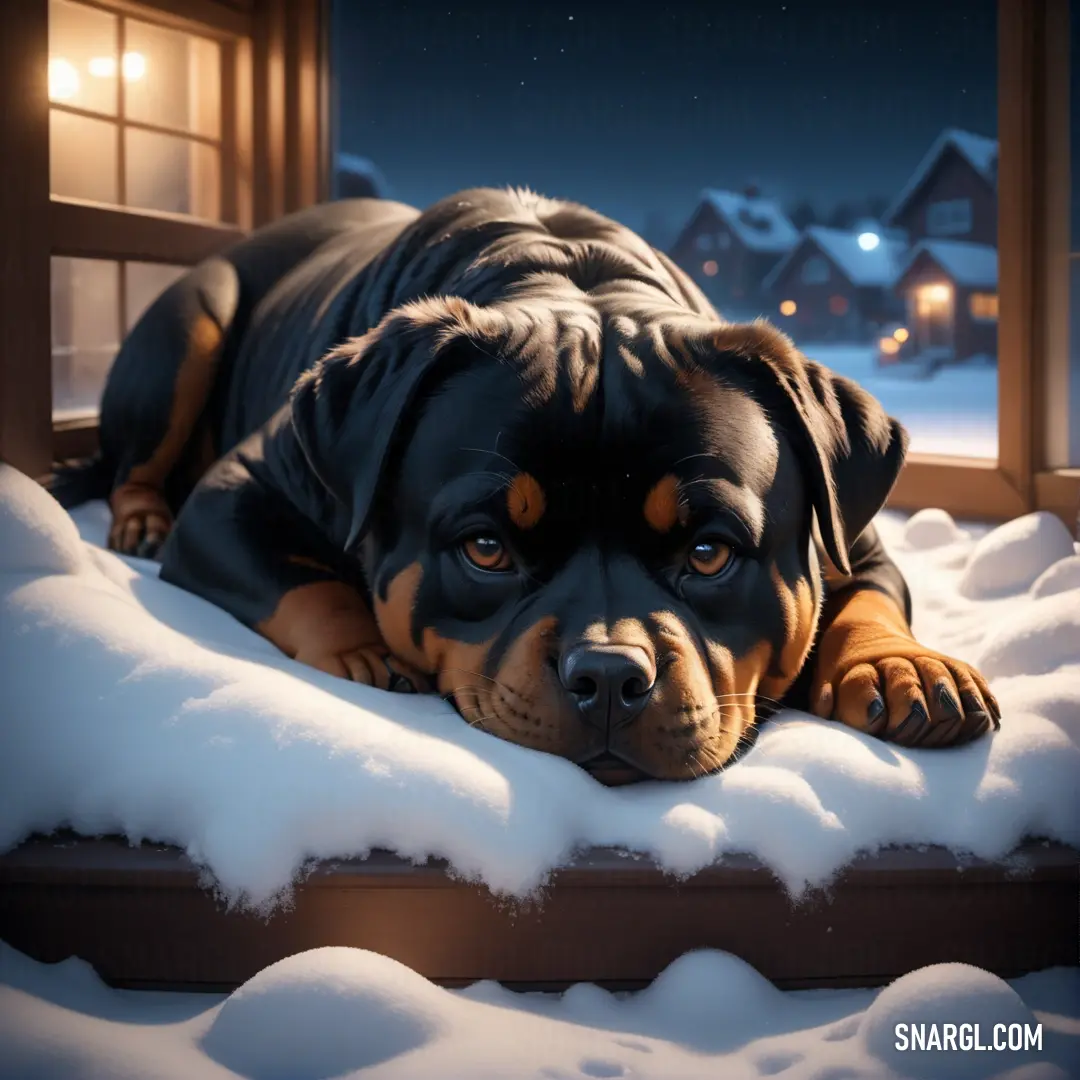 Dog laying on a bed in the snow outside a window at night with a full moon in the sky