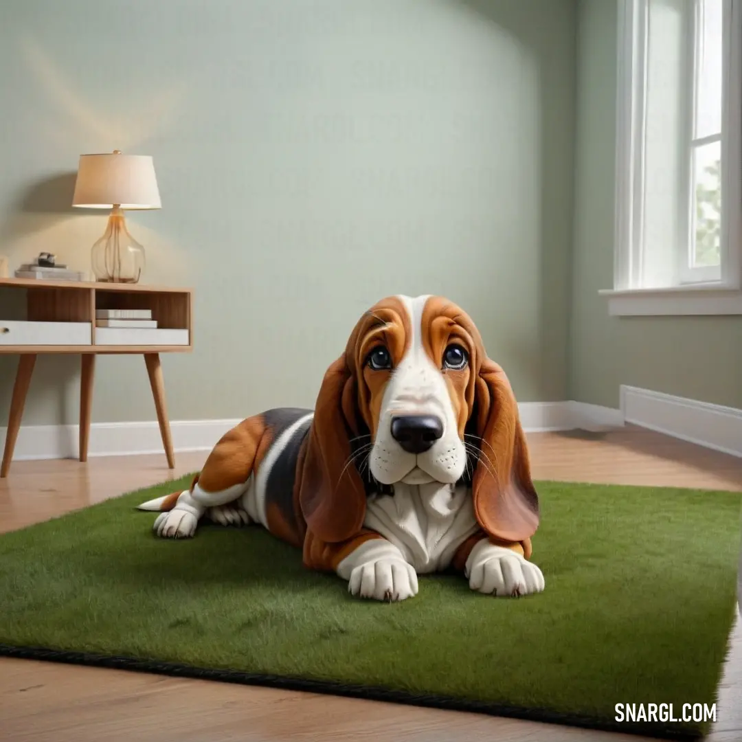 Dog laying on a rug in a room with a lamp and a table in the background