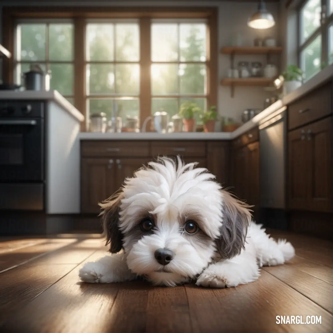 Dog laying on a wooden floor in a kitchen with a sink and oven in the background and a window